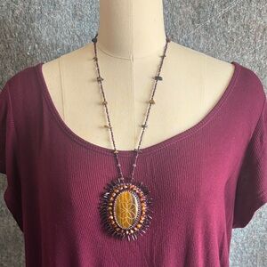Bead Embroidered Tiger’s Eye Carved Stone  Pendant Necklace